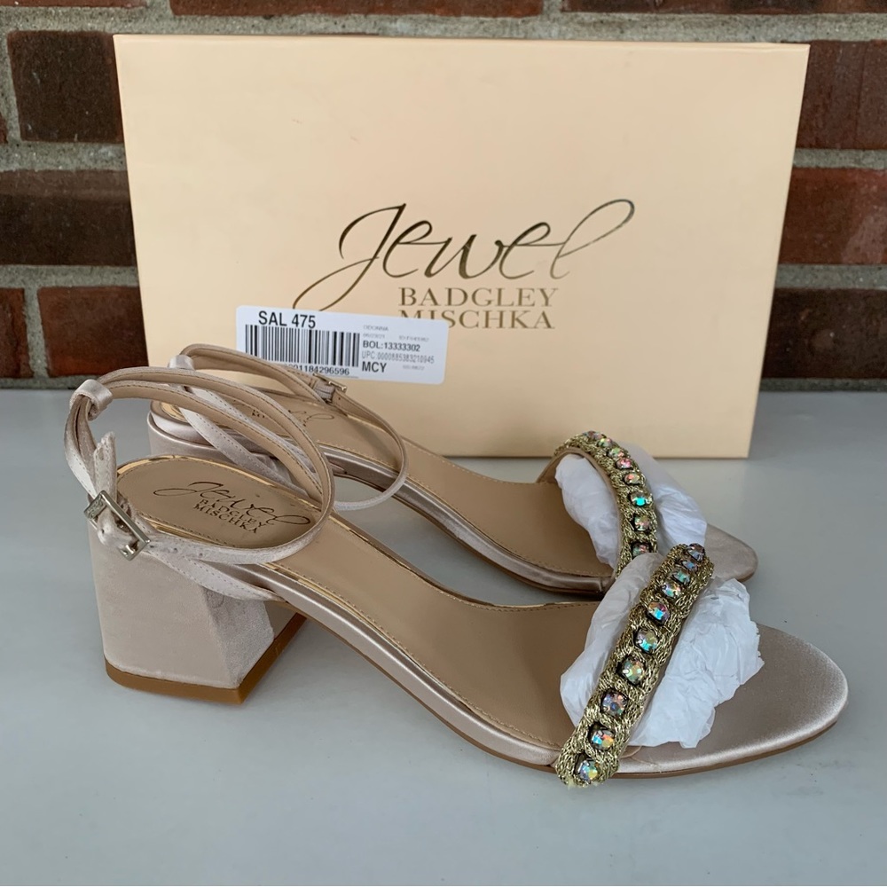 Jewel Badgley Mischka Womens Odonna Evening Sandals DARK BEIGE Block Heel US 8 M - Picture 1 of 9